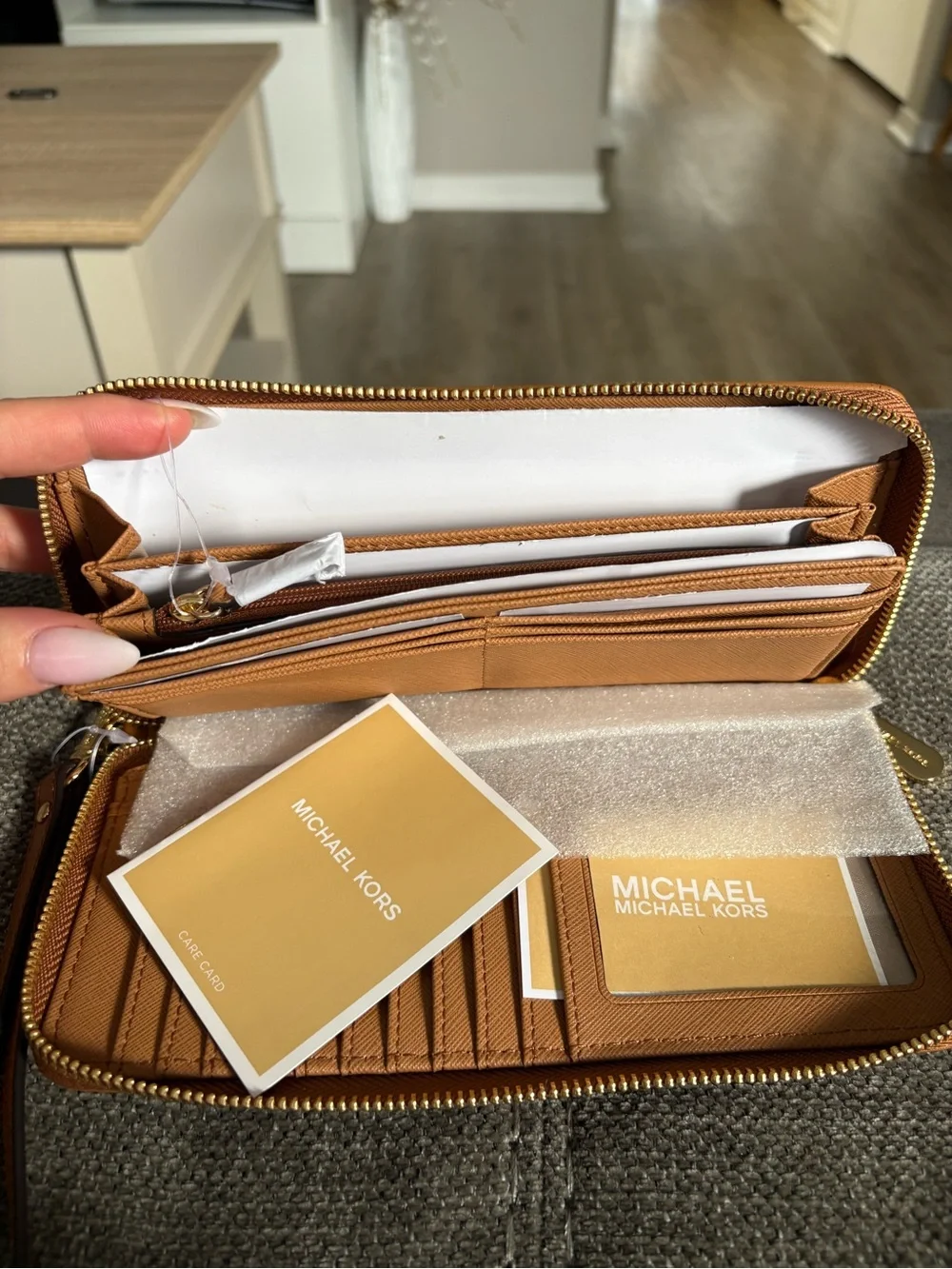 Michael Kors Blue Jean Signature Wristlet with Tan Trim and Gold Plate